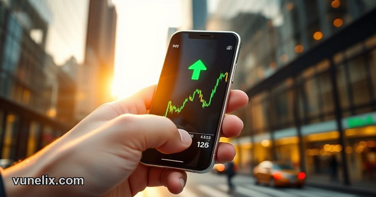 Hand pointing at green up-arrow on smartphone showing stock chart.