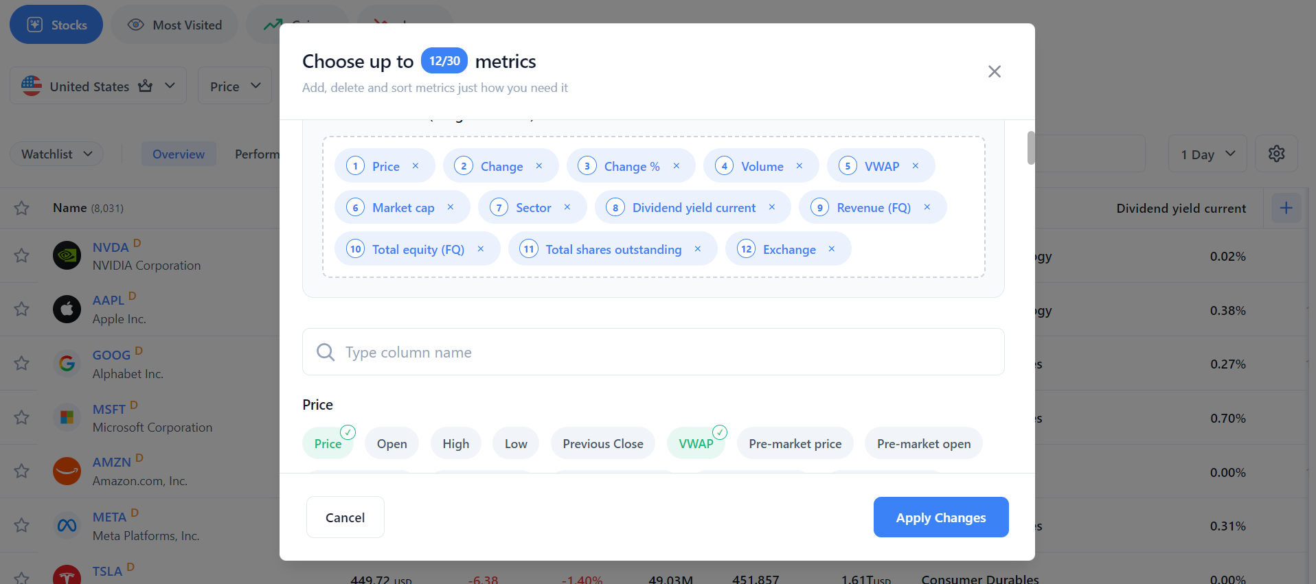 ¿Cómo agrego o elimino columnas en el screener?