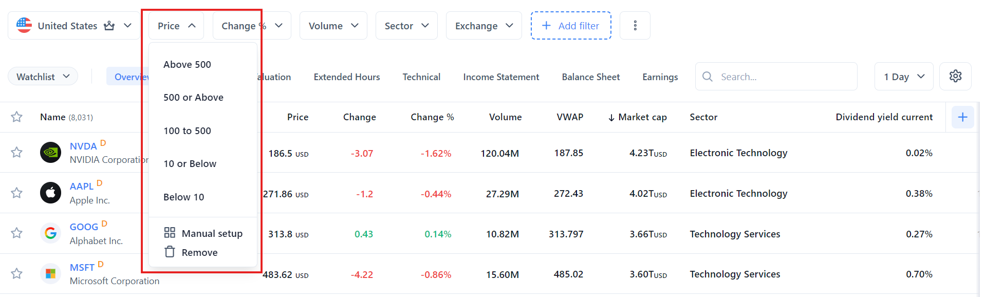 ¿Cómo uso los filtros en el screener?